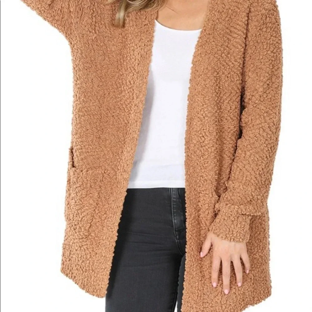 NWT zenana Boutique Deep camel open front popcorn cardigan sweater sz S - Picture 3 of 10